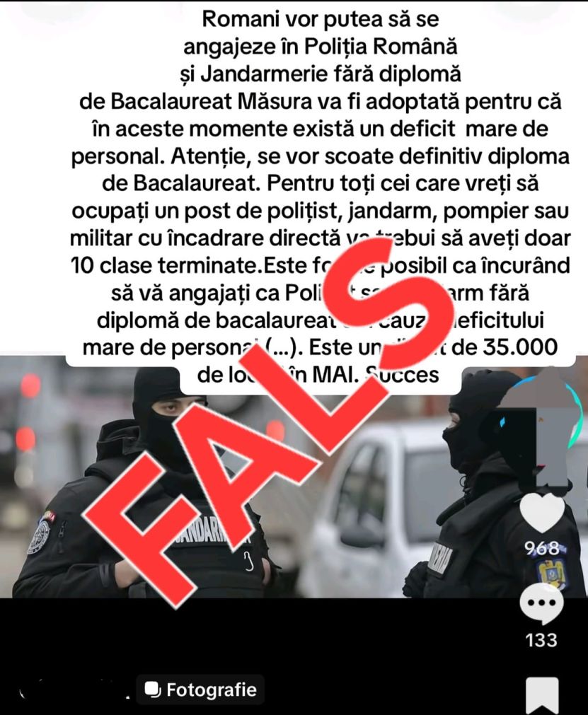 MAI dezminte o știre falsă virală - Nu se renunță la diploma de bacalaureat pentru angajarea în MAI