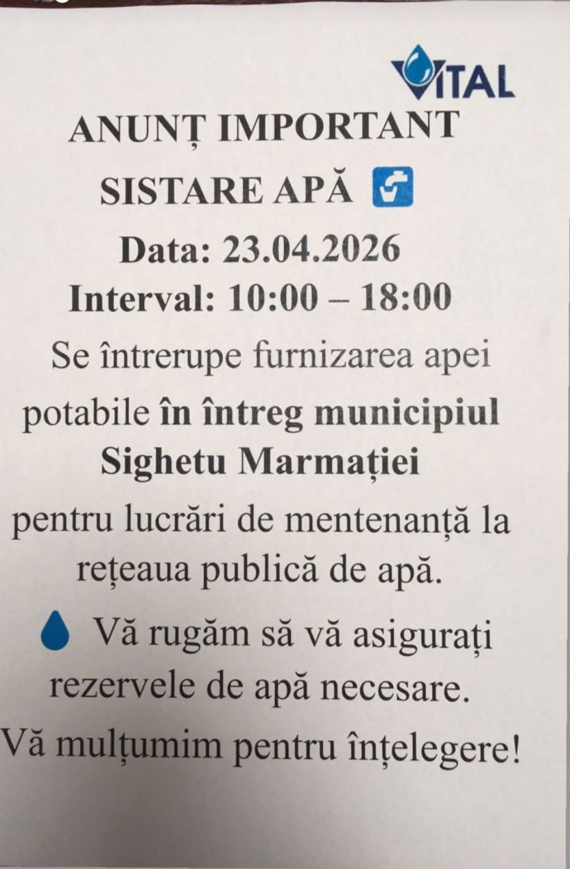 ATENȚIE - Furnizarea apei potabile va fi sistată temporar în Sighetu Marmației